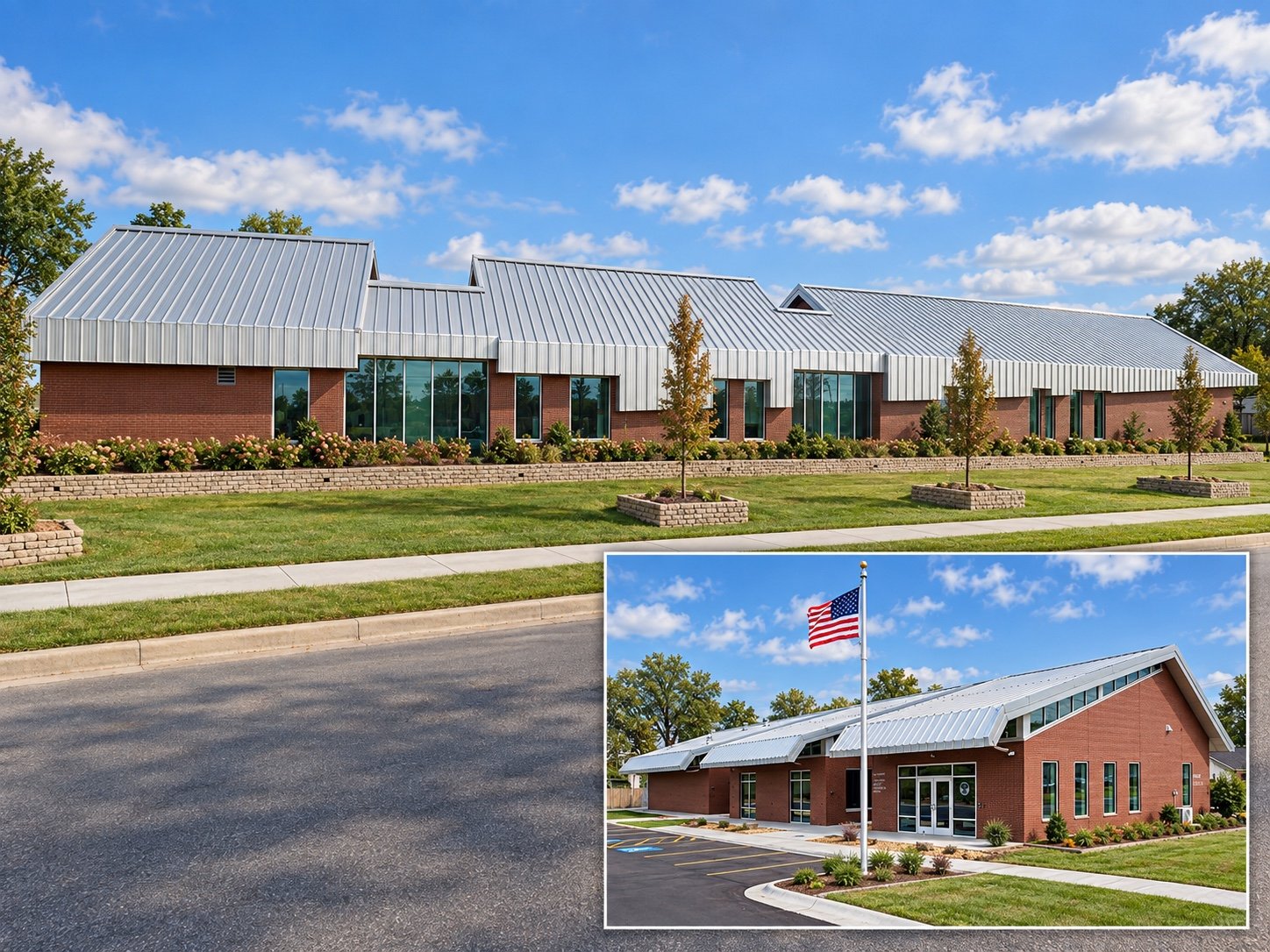 Jefferson County’s U.S. Brown Coroner’s Office — exterior views with an inset of the main entrance.