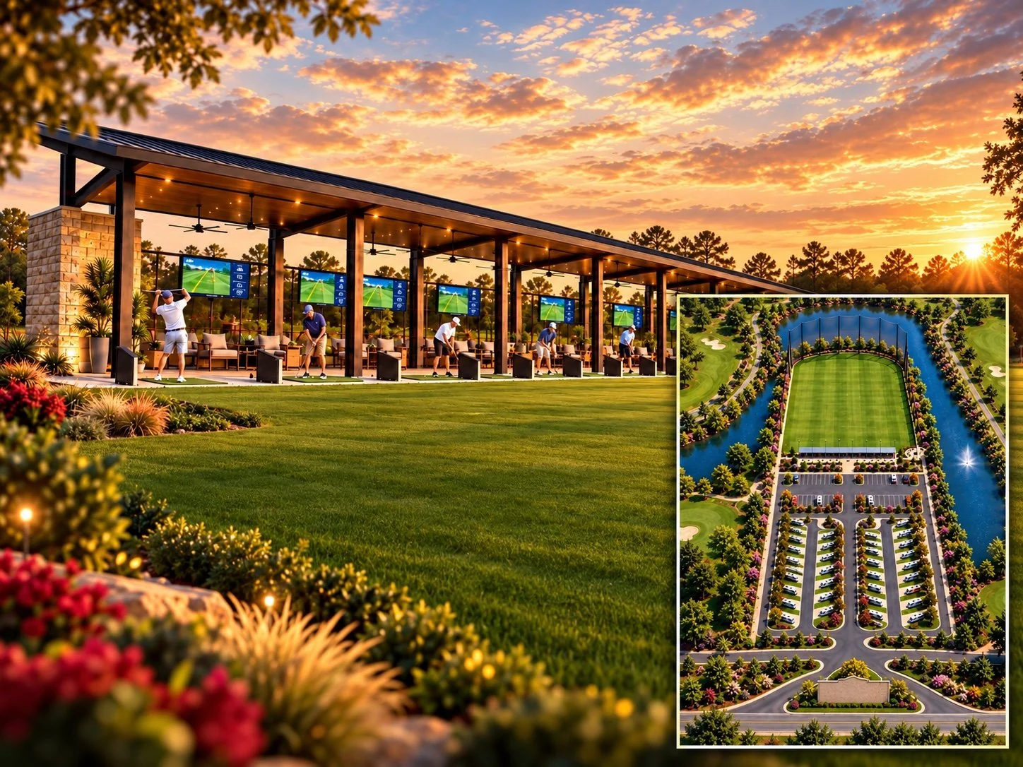 Brownstone RV & Golf Club — concept rendering of the covered driving range with an inset of the RV park and golf layout.