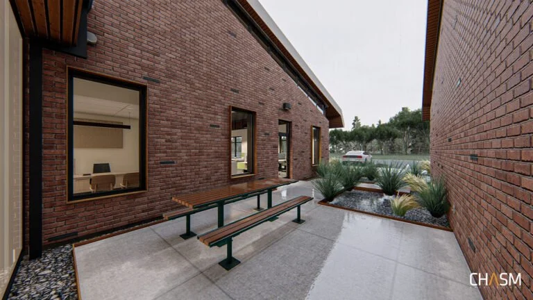 Coroner’s Office — sheltered outdoor walkway rendering.