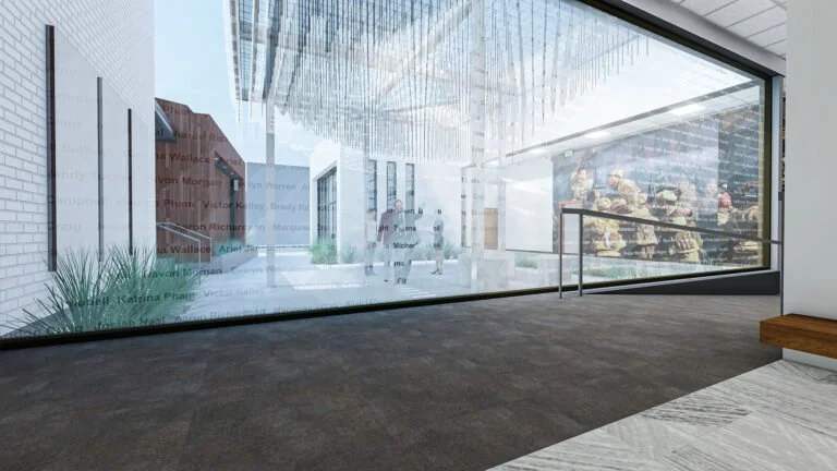 Veterans Services Office — interior view toward the courtyard rendering.