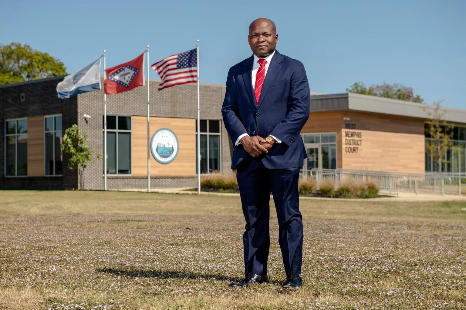 Dee Brown at the West Memphis District Courthouse — completed municipal facility.