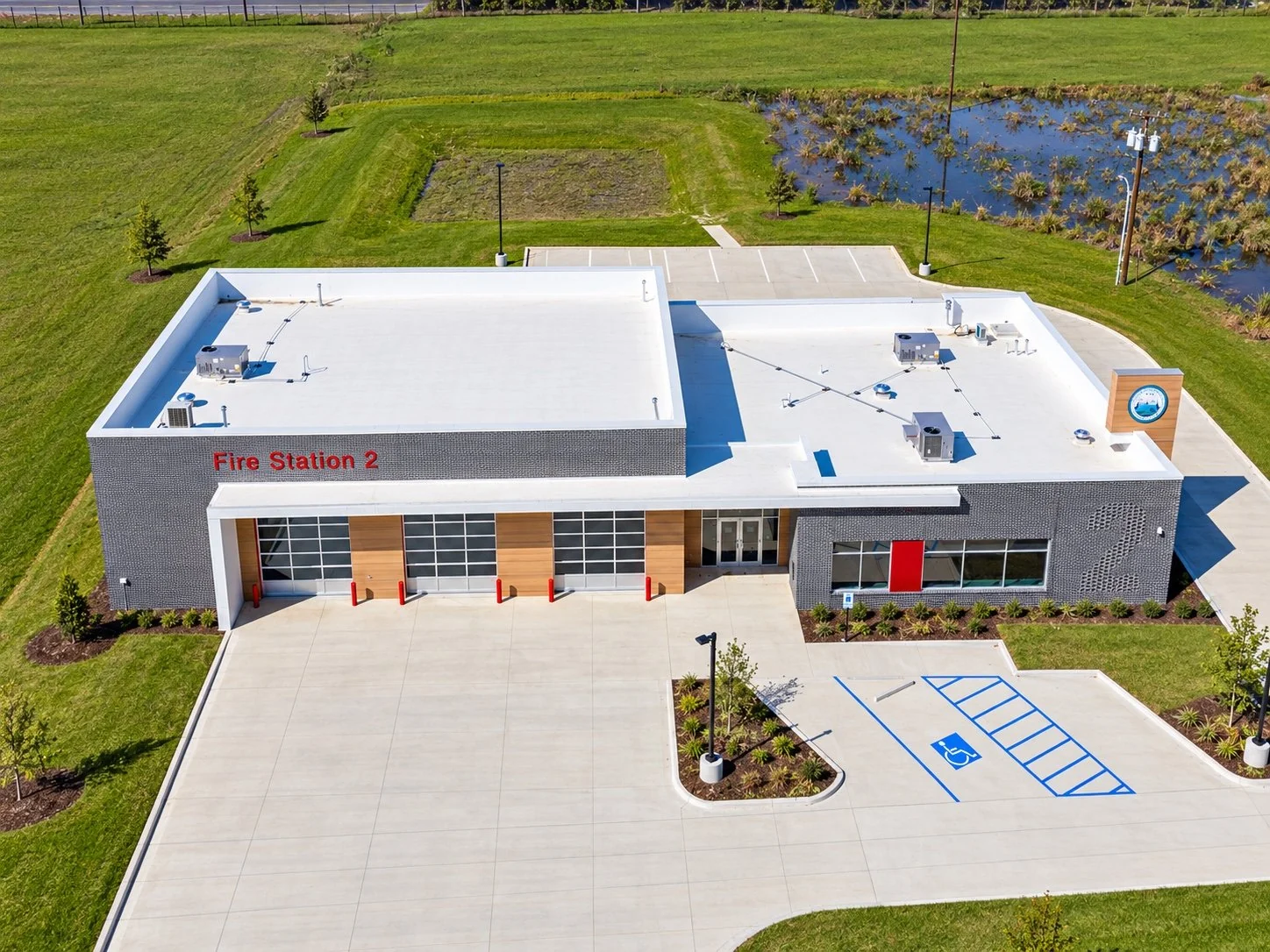 West Memphis Fire Station 2 — aerial exterior view of the completed public safety facility.