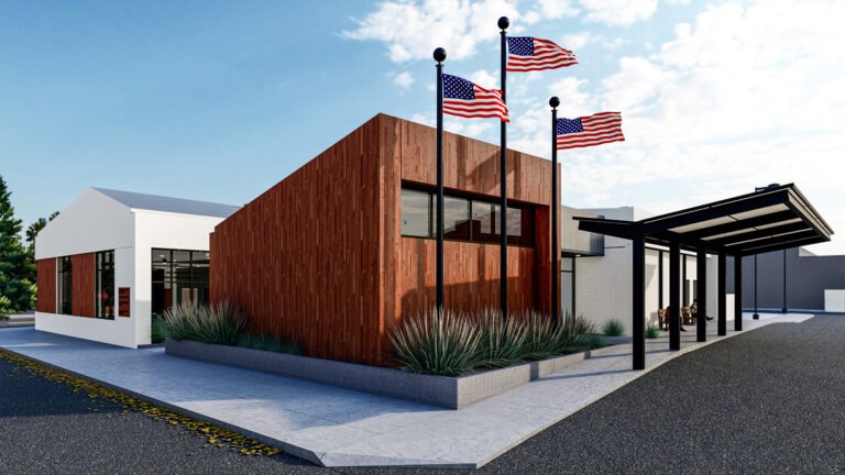 Veterans Services Office — entrance and flags rendering.